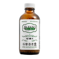 Jackson's 12-in-1 cell salt bottle front showing vegan lactose-free formula for dairy sensitivities.