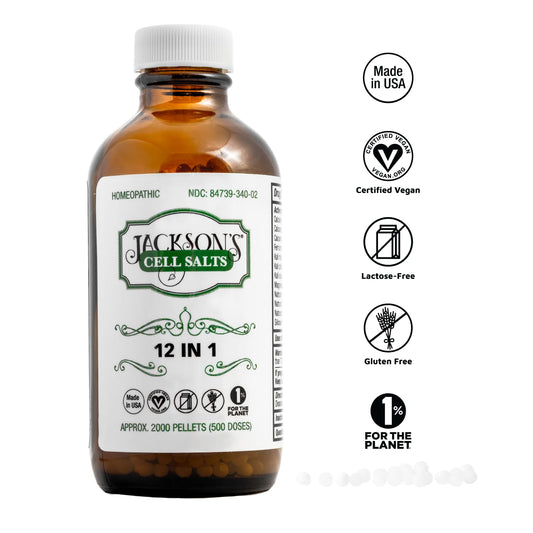 Jackson's 12-in-1 cell salt bottle label close-up highlighting 6X potency.