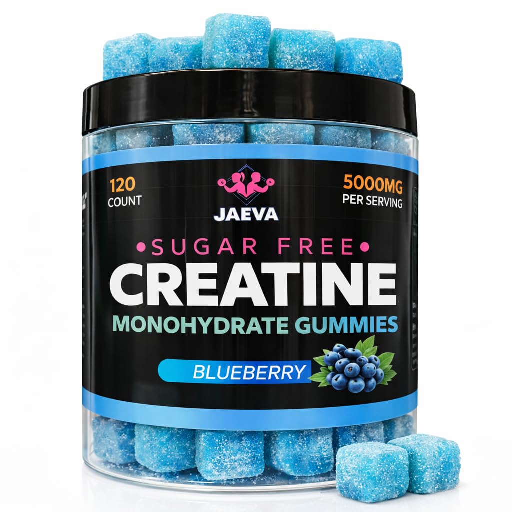 Jaeva creatine gummies blueberry bottle—sugar-free fitness support for daily workouts.