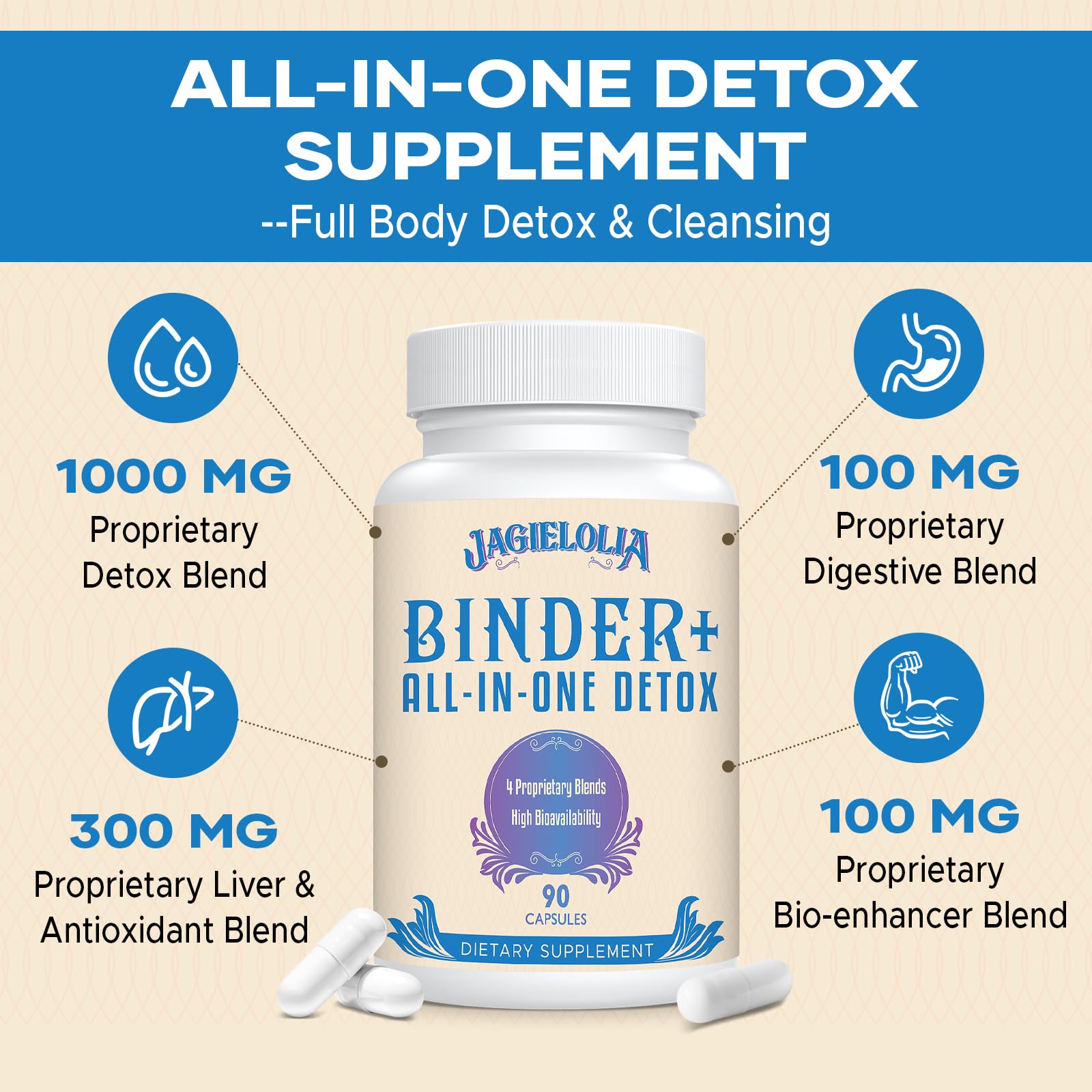 Jagielolia detox binder capsules close-up highlighting vegan capsules