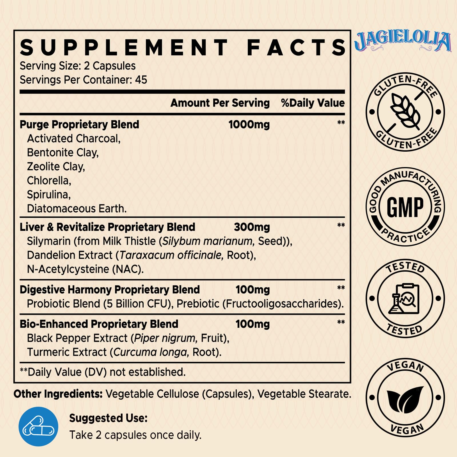 Jagielolia Detox Binder capsules close-up, vegan formula for gentle detox and digestion support.