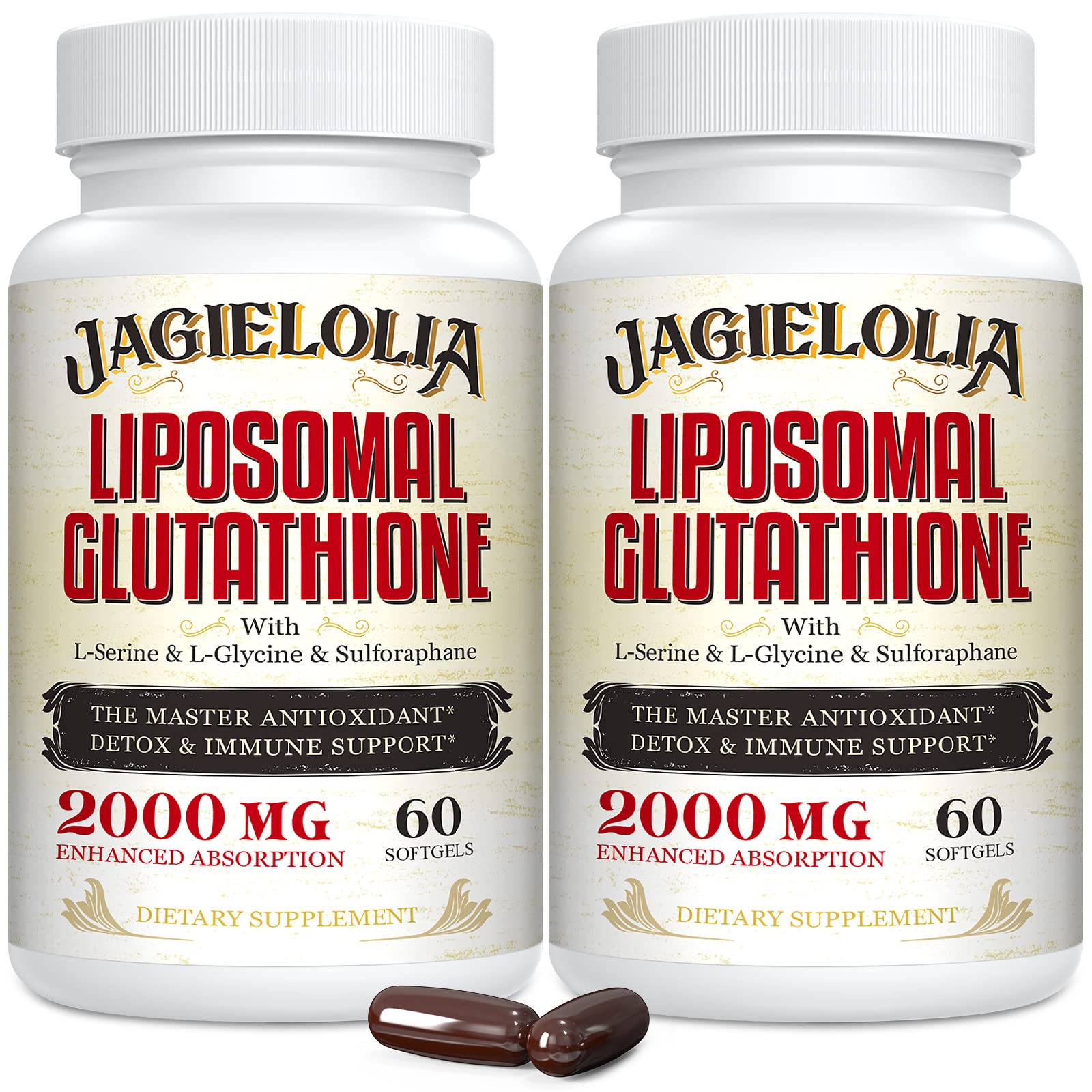 Jagielolia Liposomal Glutathione bottle close-up, premium antioxidant formula for daily support.