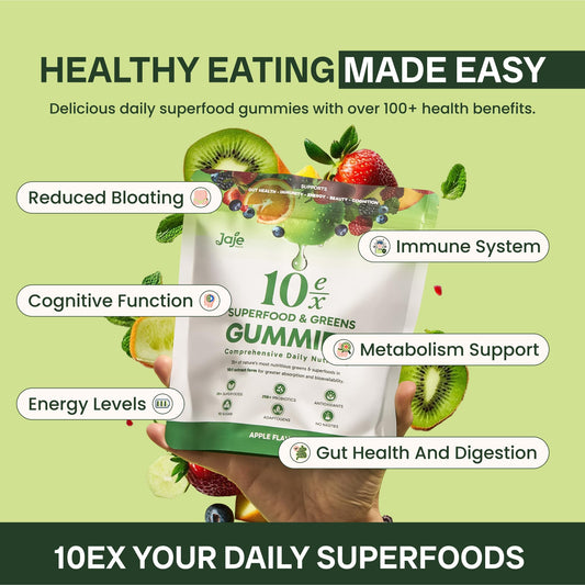 Jaje Health 10ex gummies apple flavor pack highlighting tasty greens on the go