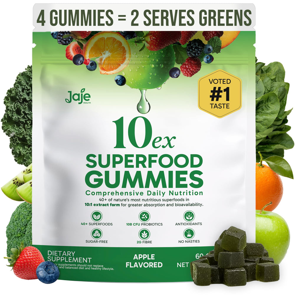 Jaje Health 10ex Supergreens Gummies bottle showing probiotic formula for daily nutrition
