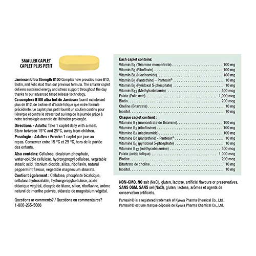 Jamieson B100 Complex label closeup highlights high potency B vitamins.