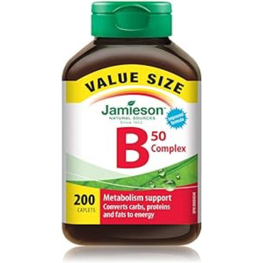 Jamieson B50 Complex bottle front view, supports daily energy metabolism and overall wellness.