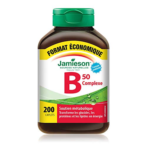 Jamieson B50 Complex bottle label closeup highlighting vitamins and Folate for cellular health.