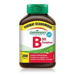Jamieson B50 Complex bottle label closeup highlighting vitamins and Folate for cellular health.