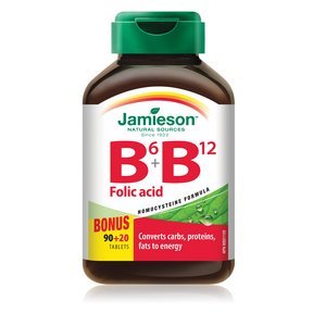 Jamieson B6 + B12 and Folic Acid bottle for easy daily energy support.