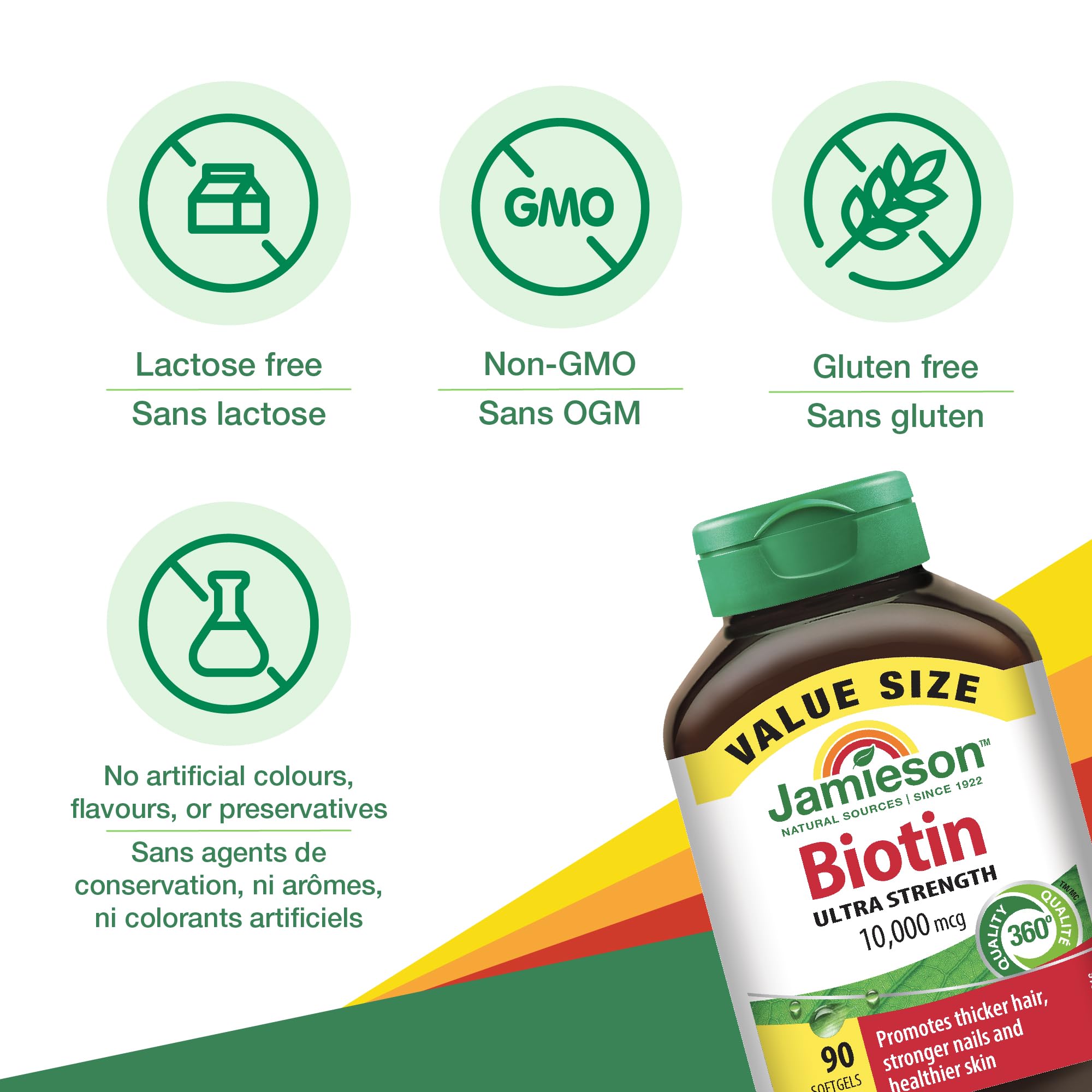Jamieson Biotin 10,000 mcg softgel with focus on hair, skin, nails