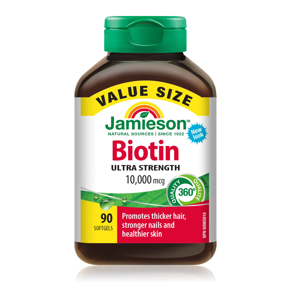 Jamieson Biotin 10,000 mcg softgel bottle for daily beauty support