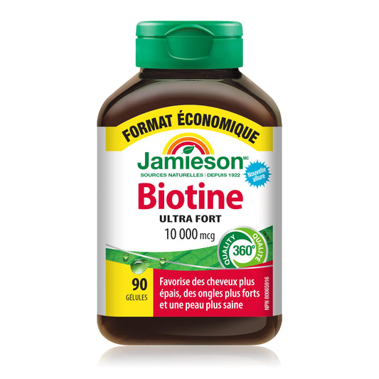 Close-up of Jamieson Biotin 10,000 mcg softgels for easy daily use