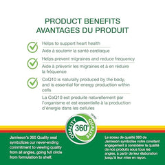 Jamieson CoQ10 250 mg softgels bottle side highlights high potency for daily support.