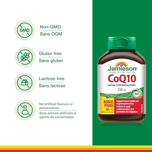 Jamieson CoQ10 250 mg softgels pour shows convenient dose for daily routine.