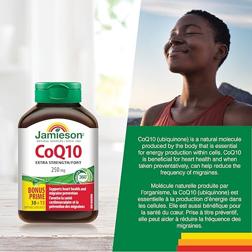 Jamieson CoQ10 250 mg softgels with glass of water emphasizes easy intake.