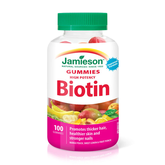Jamieson High Potency Biotin Gummies bottle label highlights 2,500 mcg per serving.