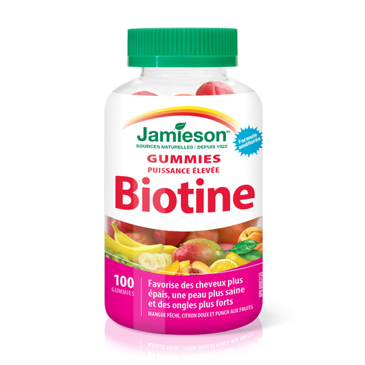 Jamieson Biotin Gummies close-up shows vibrant texture and natural flavors.