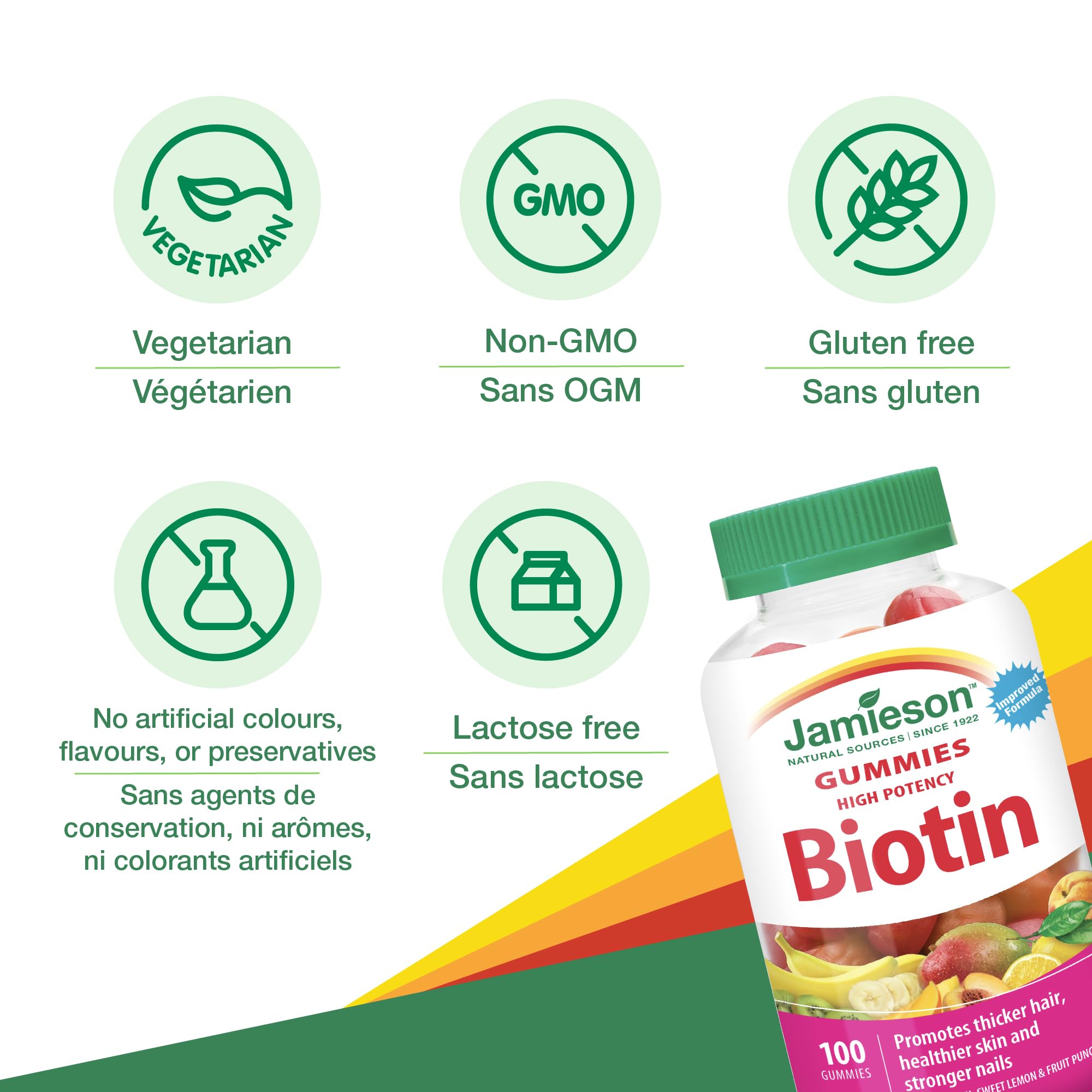Jamieson Biotin Gummies flavor variety demonstrates all-natural mango peach, lemon, and fruit punch.