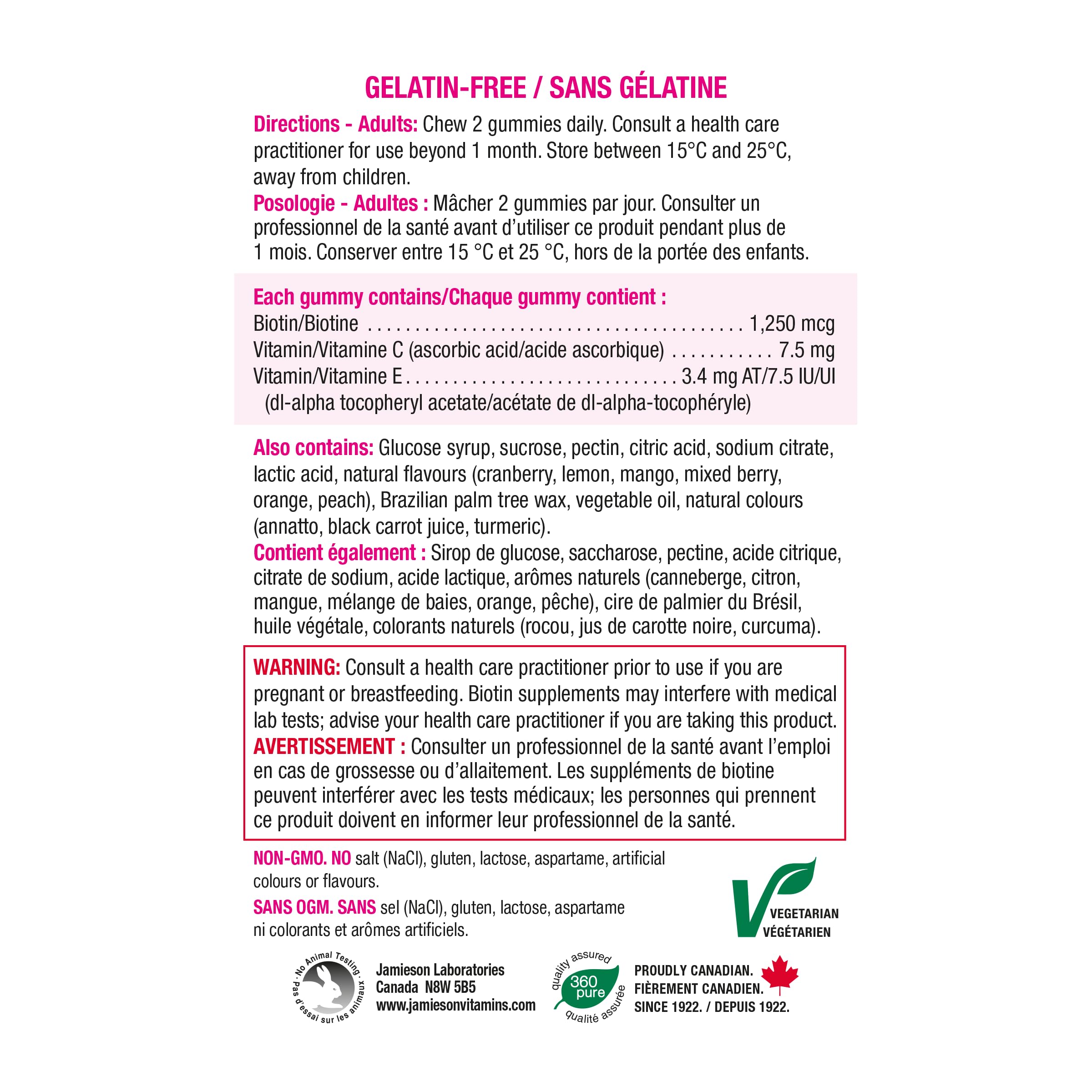 Jamieson Biotin Gummies packaging highlights vegetarian-friendly and gluten-free notes.