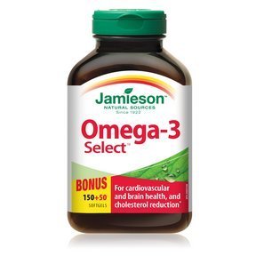 Jamieson Omega-3 Select bottle with 1000mg softgels for easy daily omega-3 supplementation.