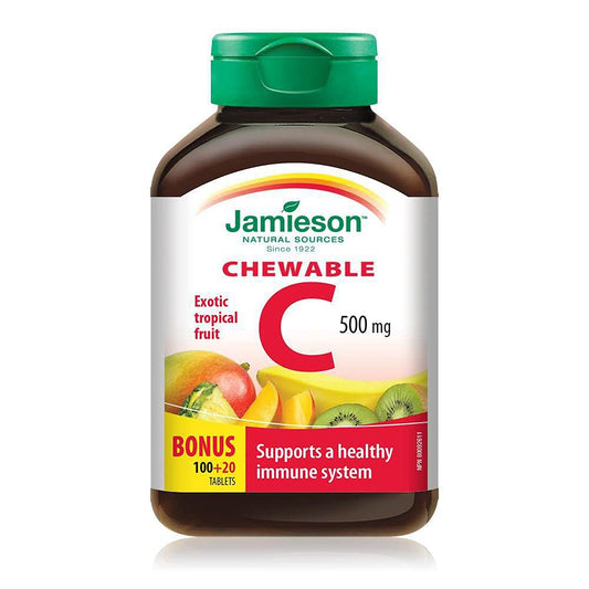 Jamieson Vitamin C Tropical Fruit 500mg tablets bottle close-up for immune support.
