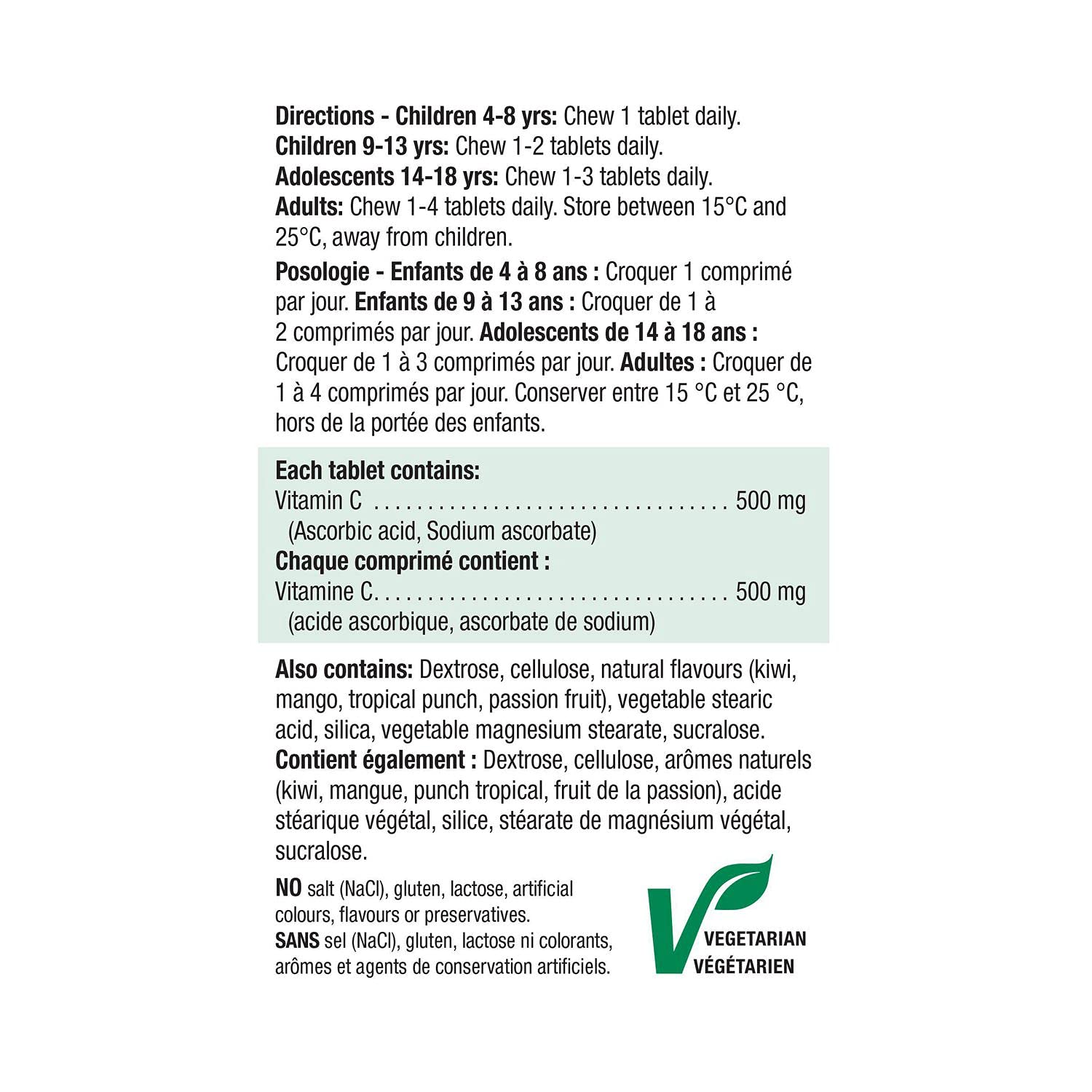 Jamieson Vitamin C Tropical Fruit tablets blister pack highlight no artificial colors or flavors.