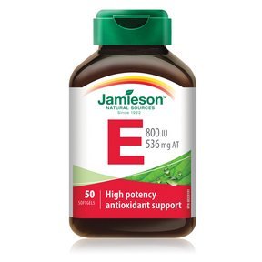 Jamieson Vitamin E 800 IU softgels bottle, highlighting antioxidant support