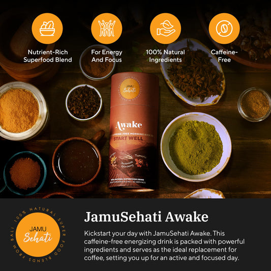 JAMUSEHATI Awake turmeric-latte powder poured for a soothing morning drink.