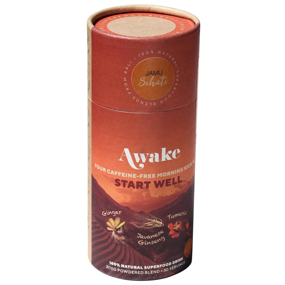 JAMUSEHATI Awake powder in bottle for caffeine-free morning ritual.