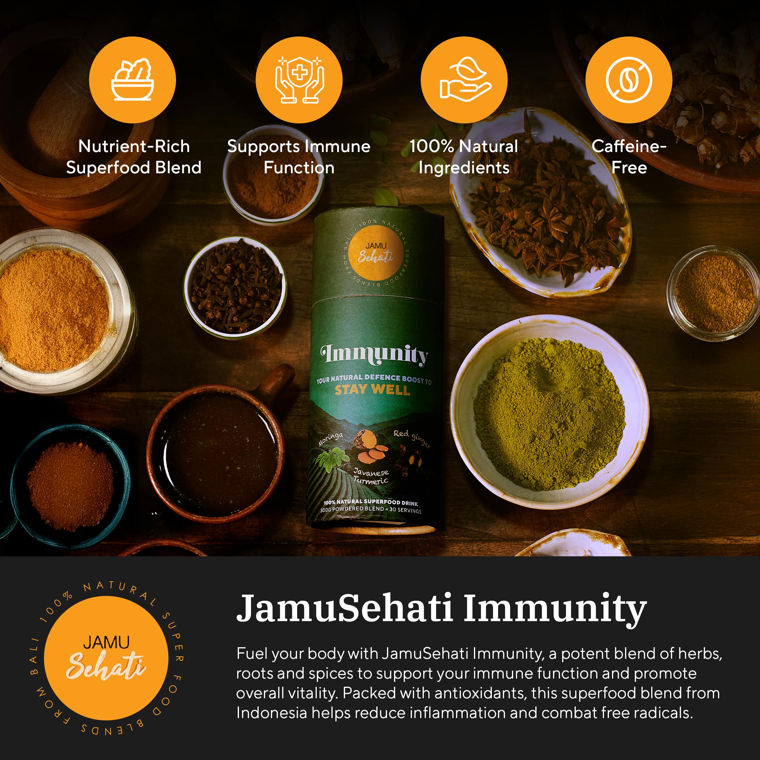 JAMUSEHATI Immunity scoop 300g close-up highlights accurate measurement for daily intake