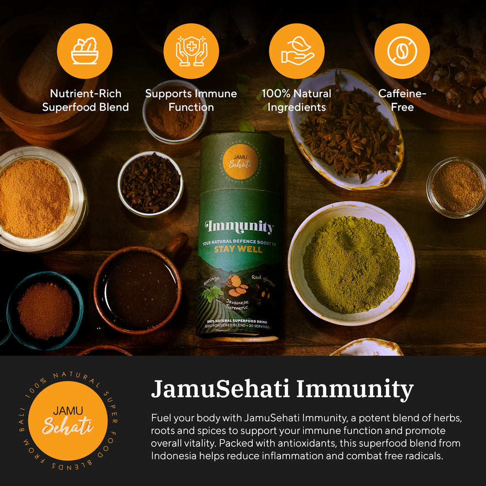 JAMUSEHATI Immunity scoop 300g close-up highlights accurate measurement for daily intake