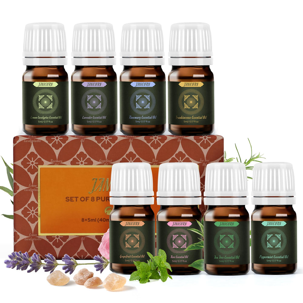 JANICORN Rose essential oil bottle for diffuser use and mood-enhancing scents.