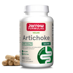Jarrow Formulas Artichoke 500mg bottle on table for daily digestion support.