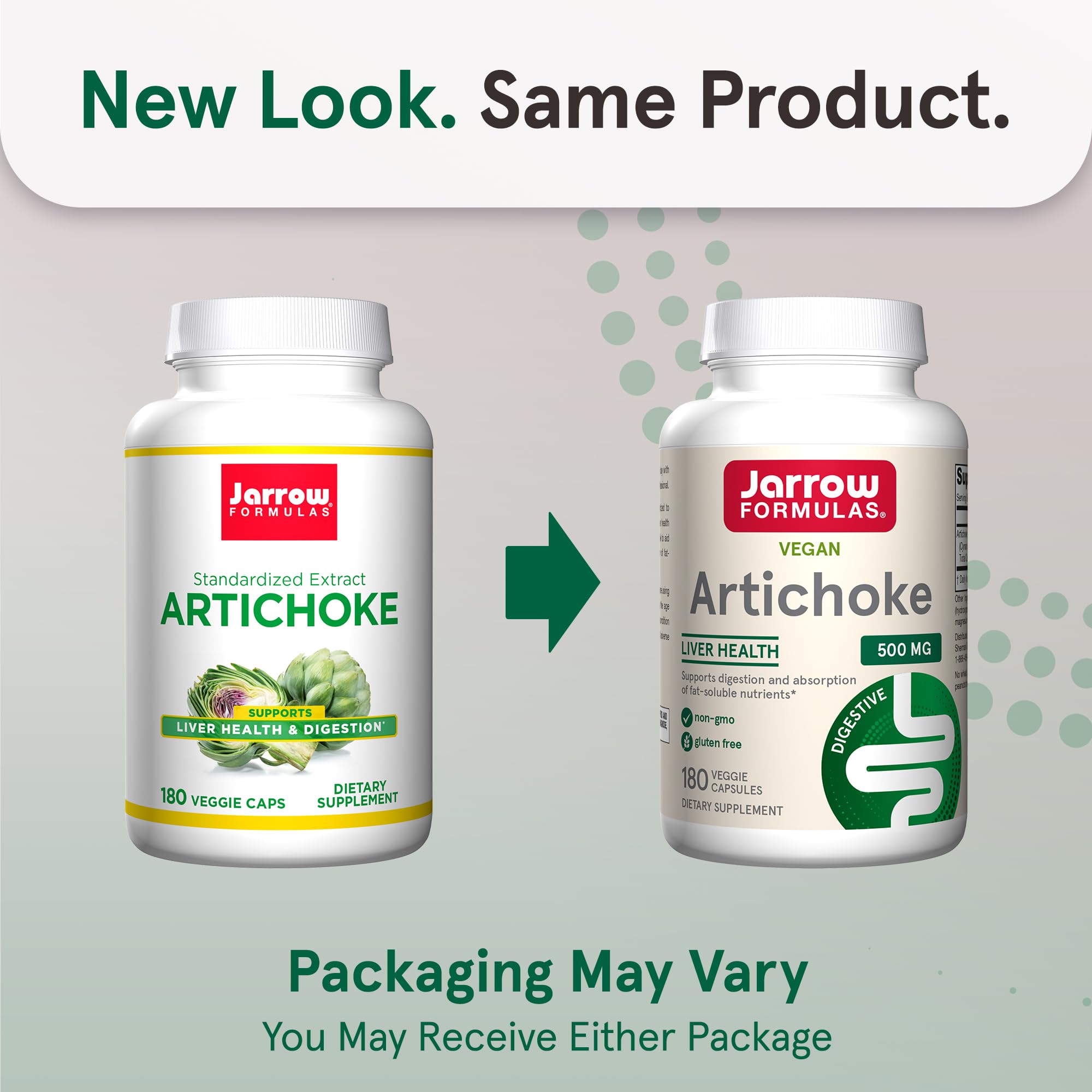 Closeup of Jarrow Artichoke 500mg capsules highlighting plant-based formula.