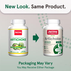 Closeup of Jarrow Artichoke 500mg capsules highlighting plant-based formula.