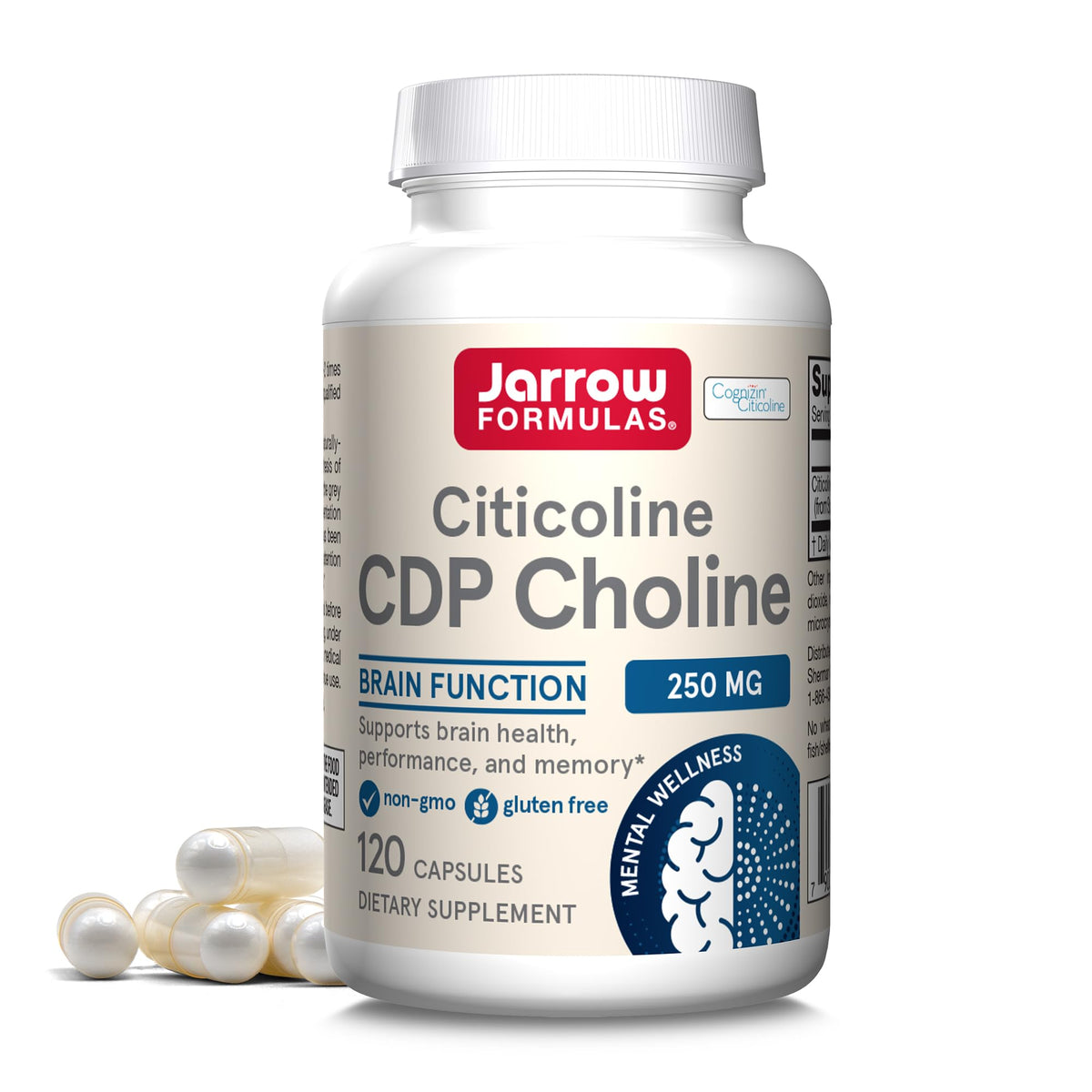 Jarrow Citicoline CDP 250 mg bottle on shelf supports daily brain health.