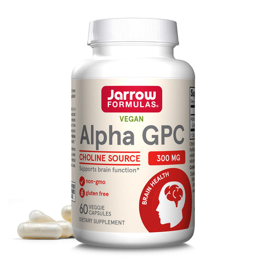 Jarrow Formulas Alpha GPC 300 mg bottle highlighting brain health support.