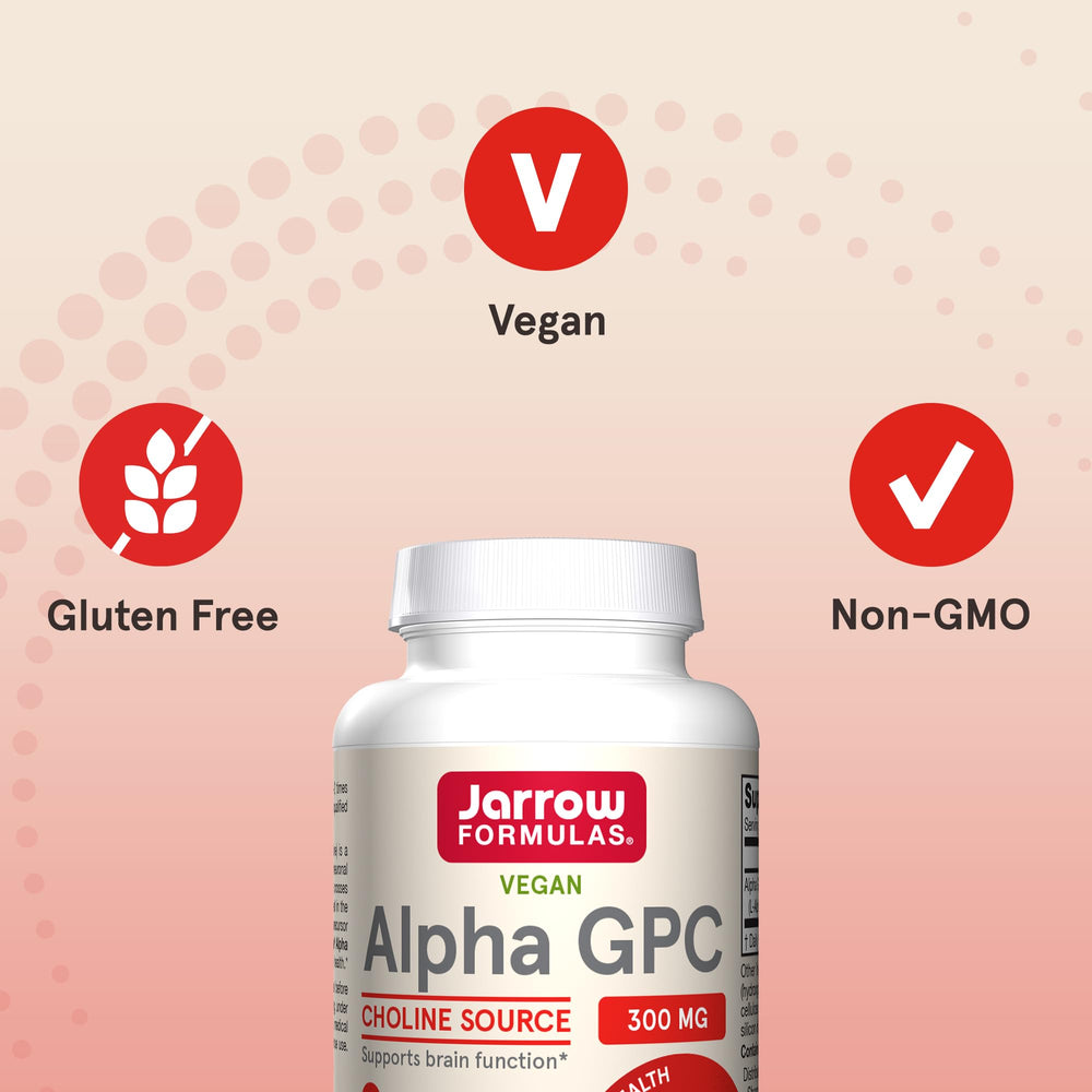 Jarrow Formulas Alpha GPC label close-up emphasizing supplement benefits for brain function.