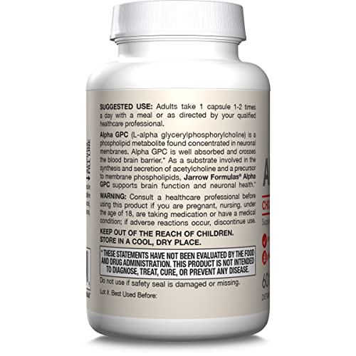 Jarrow Formulas Alpha GPC product shot highlighting a vegetarian, gluten-free formula.