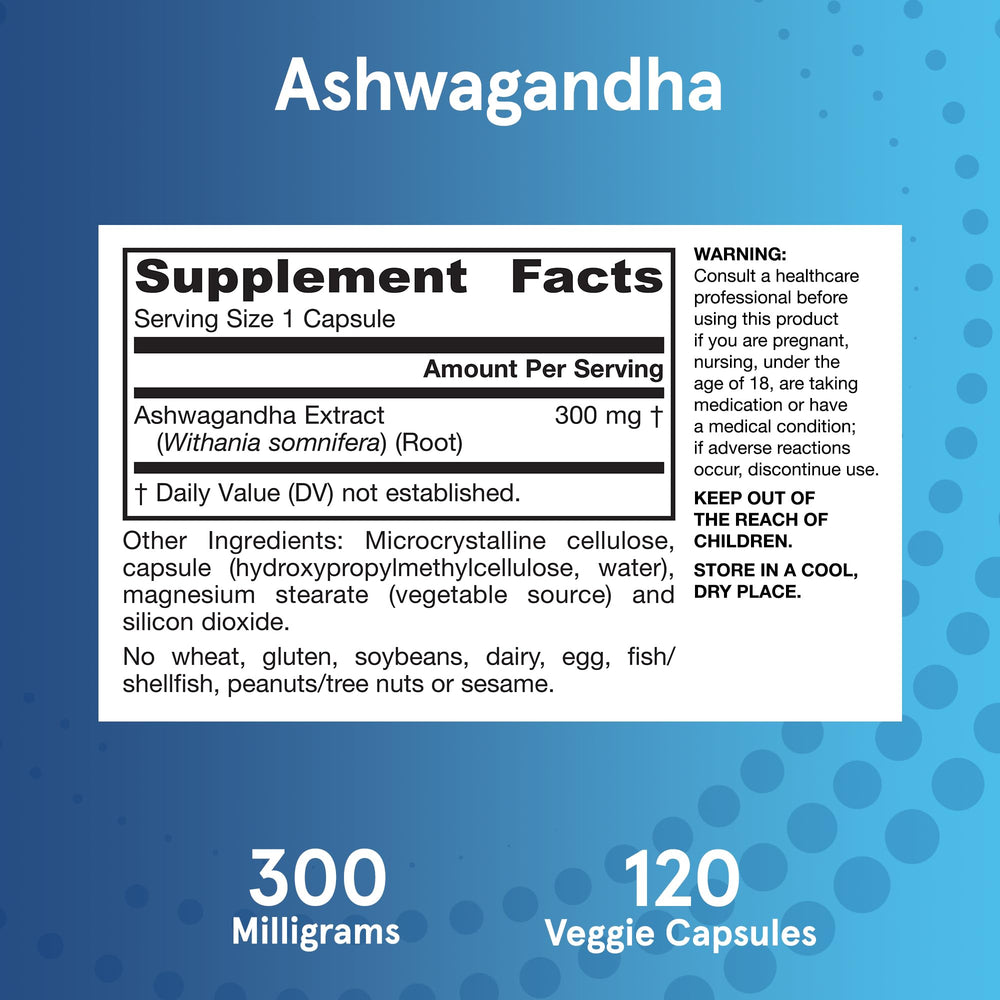 Jarrow Formulas Ashwagandha capsules on neutral surface