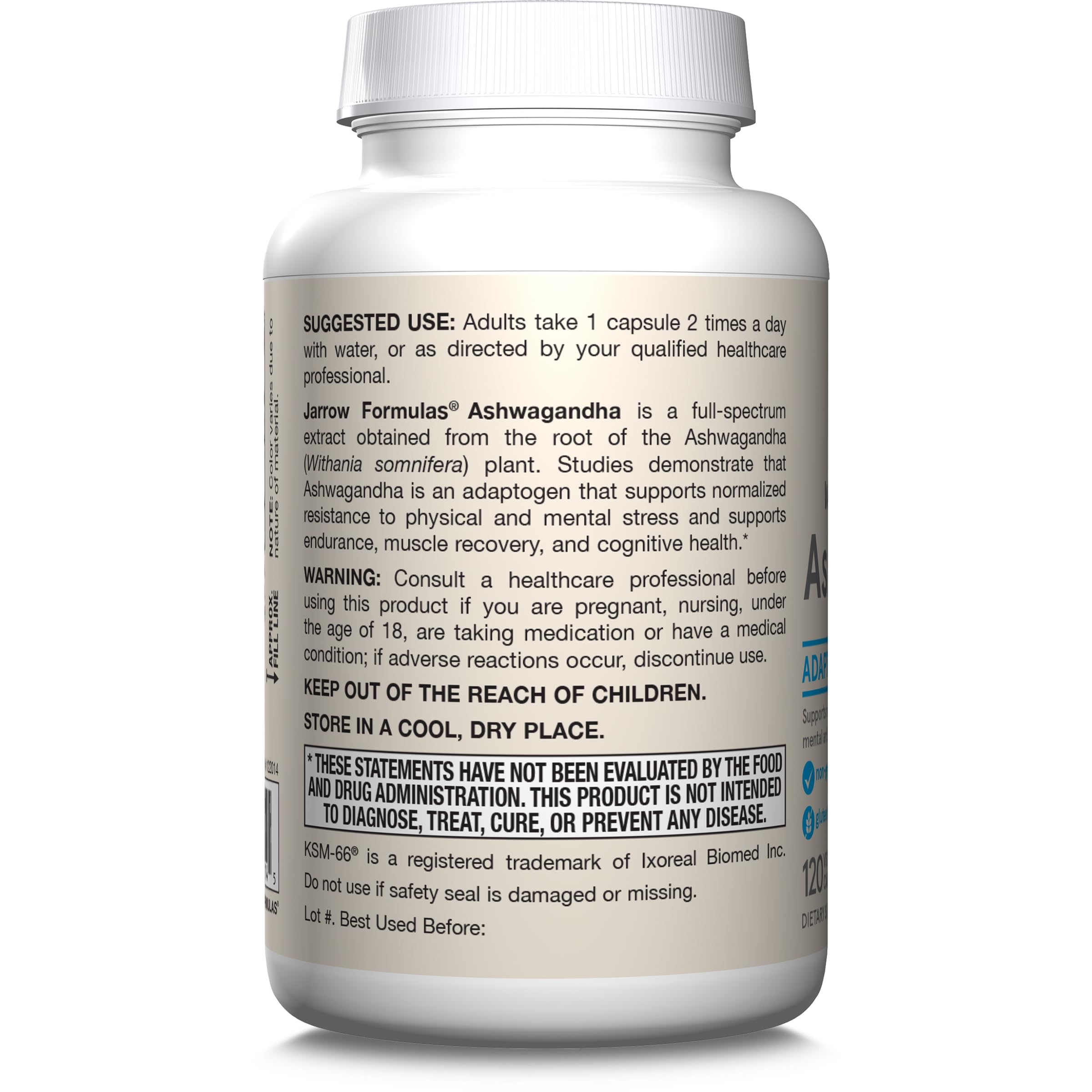 Jarrow Formulas Ashwagandha product label with vegan capsules note