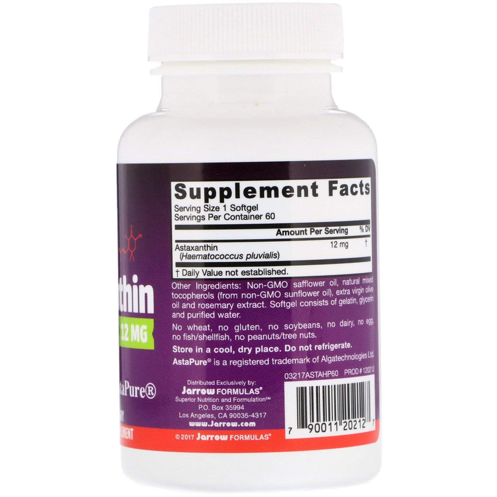 Closeup of Jarrow Formulas Astaxanthin softgels showing capsule texture and antioxidant benefits.