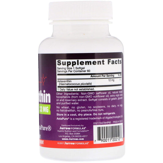 Closeup of Jarrow Formulas Astaxanthin softgels showing capsule texture and antioxidant benefits.