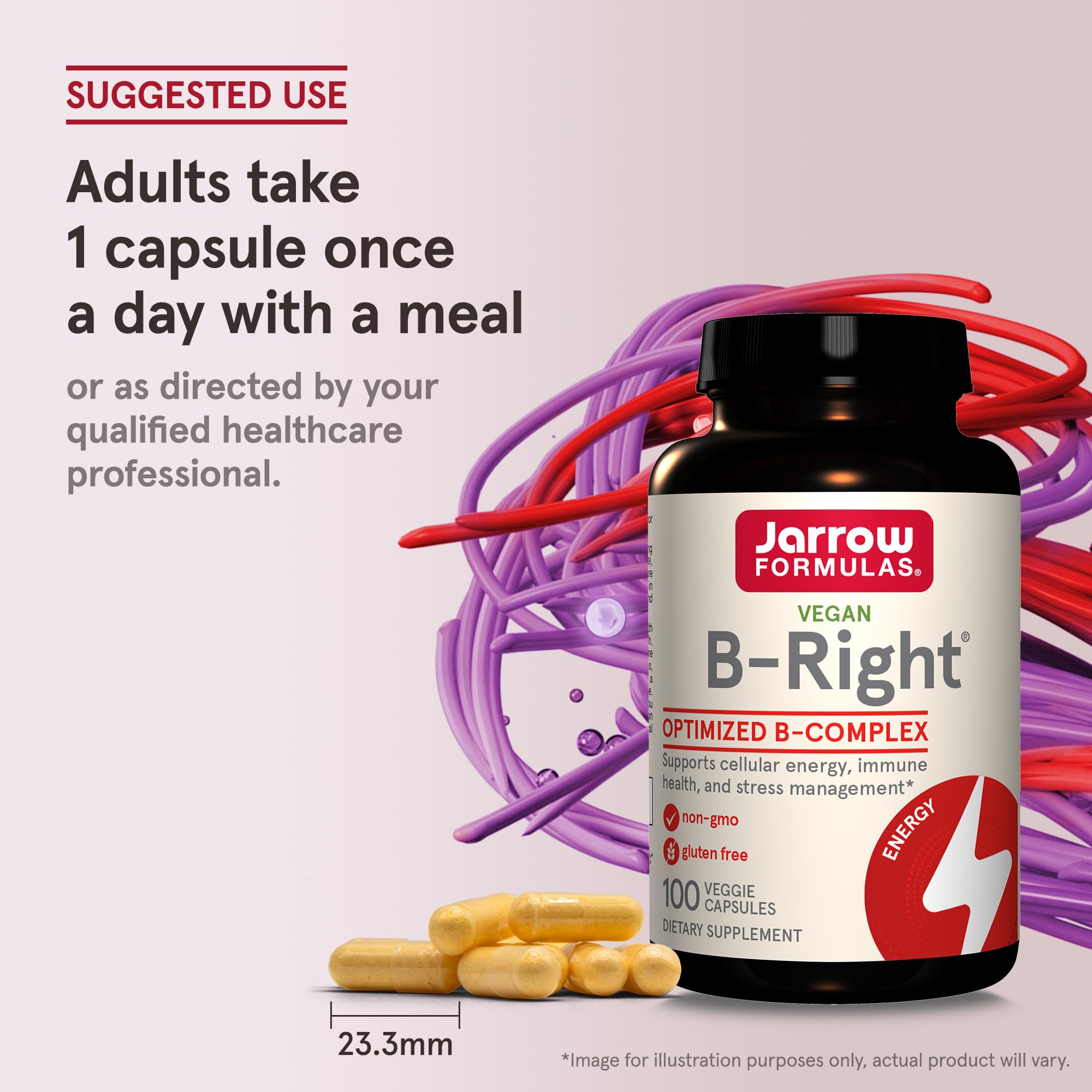 Serving information printed on label for easy dosing on B-Right