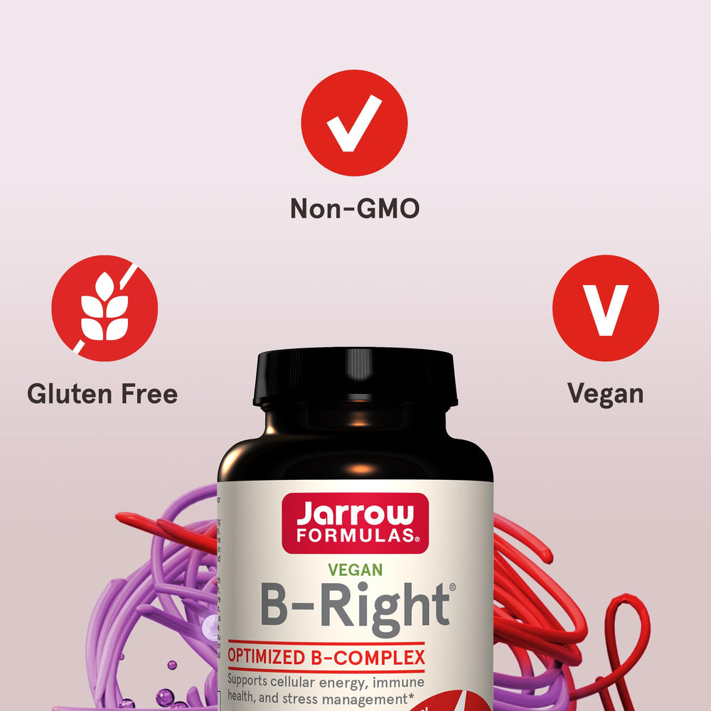 Packaging icons indicate vegan and gluten-free status on B-Right