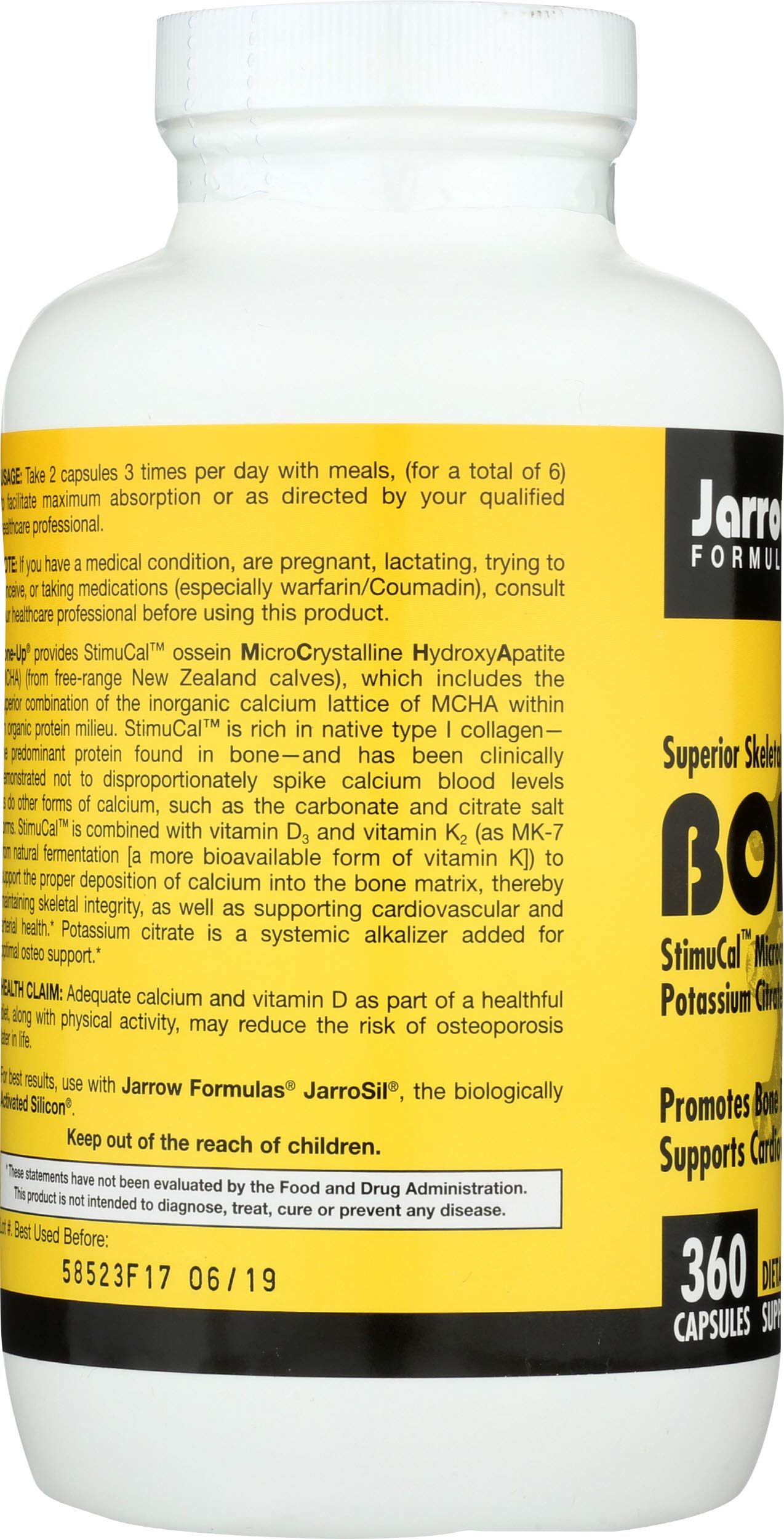 StimuCal MCHA ingredient label on BoneUp bottle illustrating natural calcium source