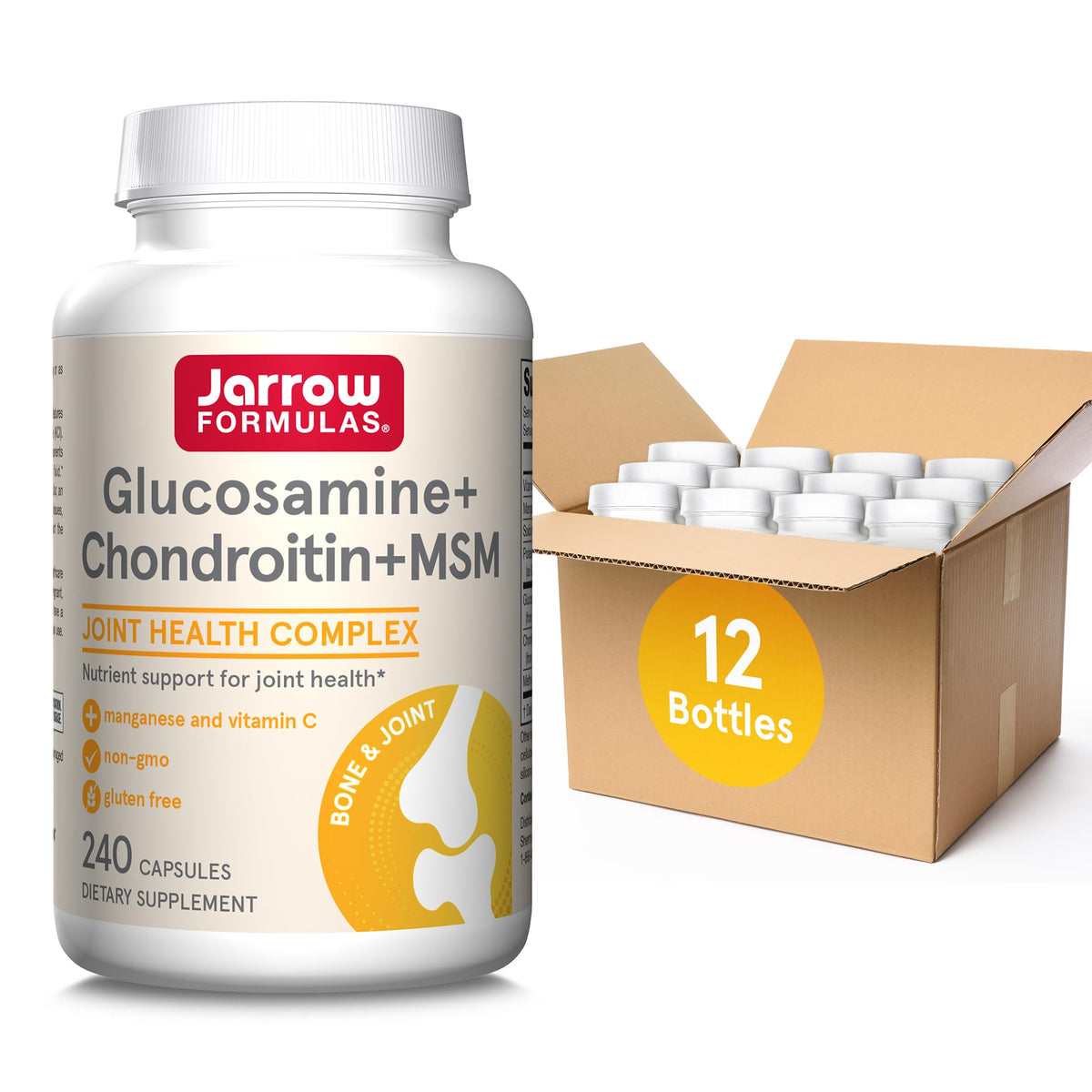 Jarrow Formulas glucosamine-chondroitin-msm bottle for joint support and mobility.