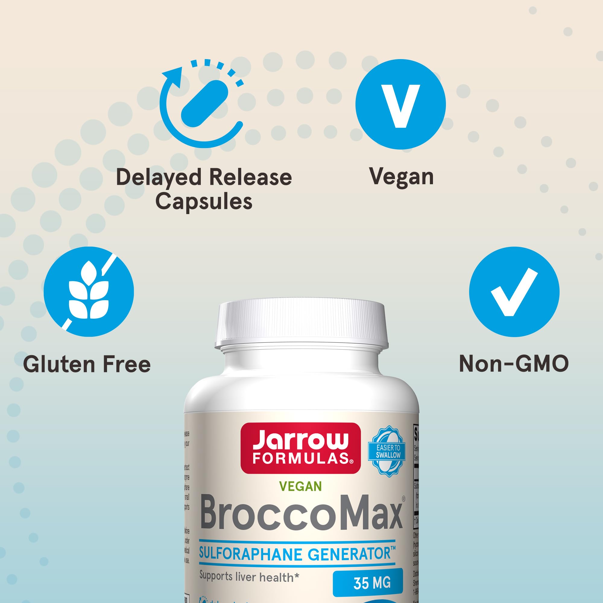 Jarrow Formulas BroccoMax bottle with water for daily routine use.