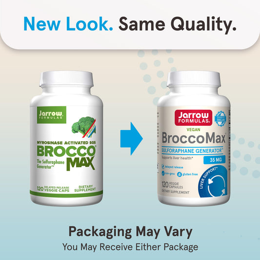 Jarrow Formulas BroccoMax capsules close-up with SGS and myrosinase ingredients.
