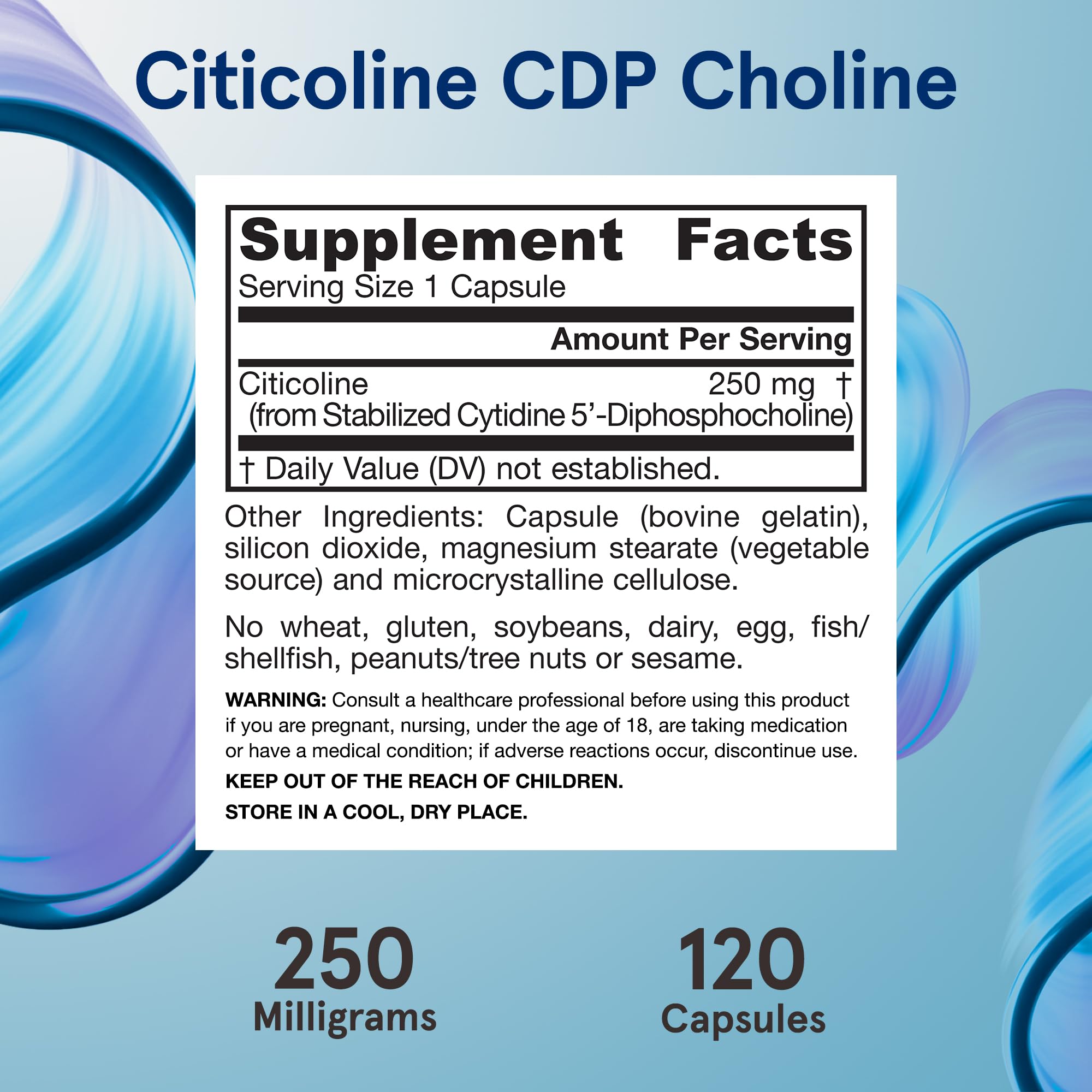 Jarrow Formulas Citicoline CDP Choline 250 mg bottle showing Non-GMO and gluten-free.